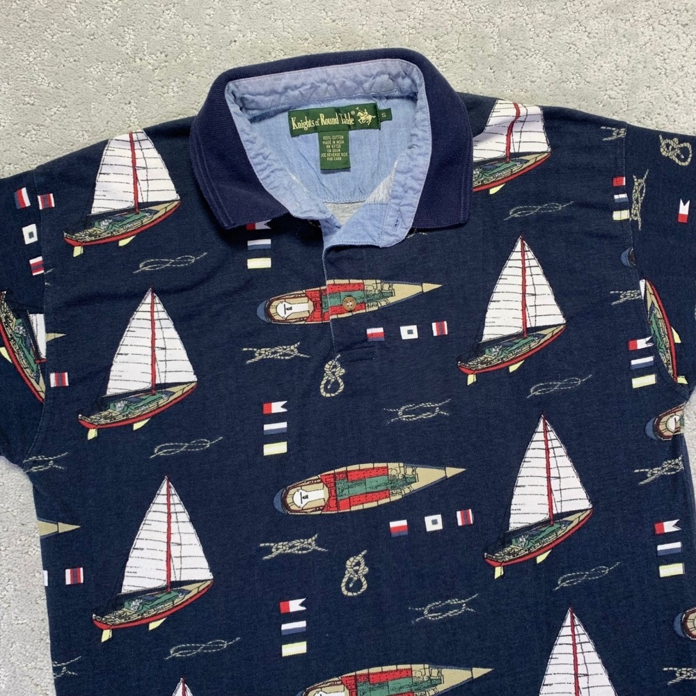 Vintage Knights of Round Table Polo Shirt Mens Small Navy Blue Sailboat Nautical